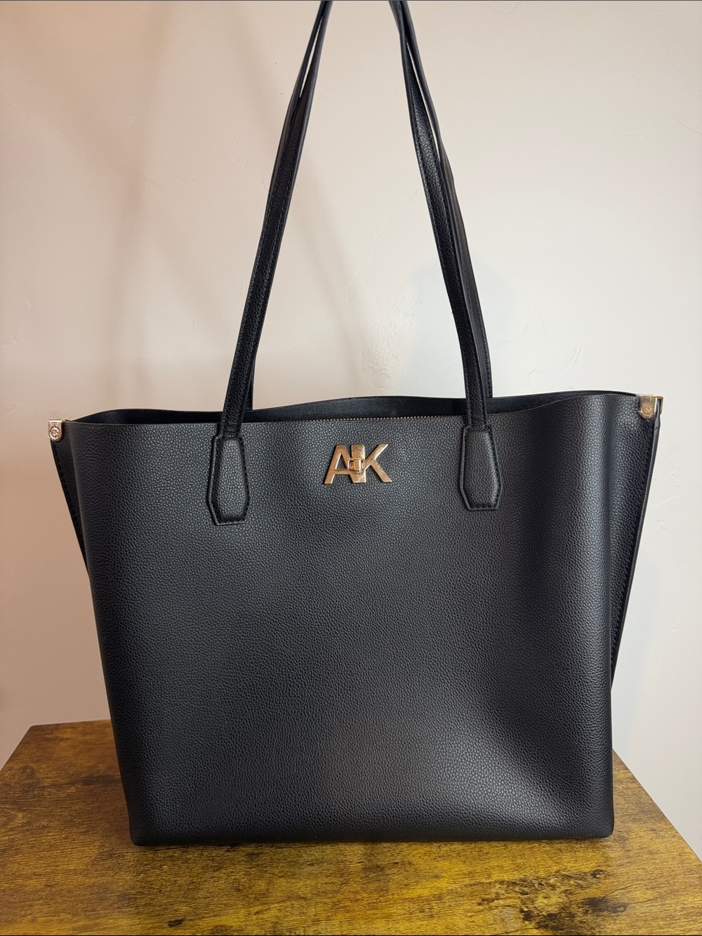 Anne Klein Black Pebbled Tote with Snakeskin Interior pockets Gold AK Logo